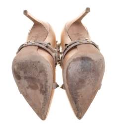 Pre Owned Valentino Metallic Beige Leather Studded Strappy Pointed Toe Pumps Size 37.5