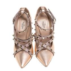 Pre Owned Valentino Metallic Beige Leather Studded Strappy Pointed Toe Pumps Size 37.5