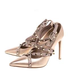Pre Owned Valentino Metallic Beige Leather Studded Strappy Pointed Toe Pumps Size 37.5