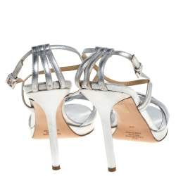 Pre Owned Valentino Silver Leather Braided Ankle Strap Sandals Size 38