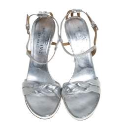 Pre Owned Valentino Silver Leather Braided Ankle Strap Sandals Size 38