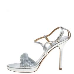 Pre Owned Valentino Silver Leather Braided Ankle Strap Sandals Size 38
