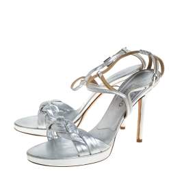 Pre Owned Valentino Silver Leather Braided Ankle Strap Sandals Size 38