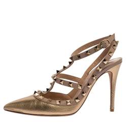 Pre Owned Valentino Gold Leather Rockstud Ankle Strap Sandals Size 38.5