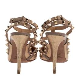 Pre Owned Valentino Gold Leather Rockstud Ankle Strap Sandals Size 38.5