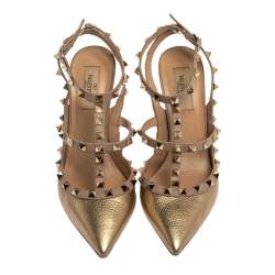 Pre Owned Valentino Gold Leather Rockstud Ankle Strap Sandals Size 38.5