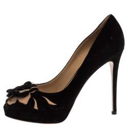Pre Owned Valentino Black Suede Flower Embellished Peep Toe Platform Pumps Size 37.5