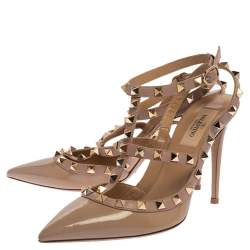 Pre Owned Valentino Beige Patent Leather Rockstud Ankle Strap Sandals Size 38