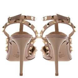 Pre Owned Valentino Beige Patent Leather Rockstud Ankle Strap Sandals Size 38