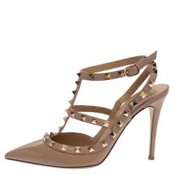 Pre Owned Valentino Beige Patent Leather Rockstud Ankle Strap Sandals Size 38