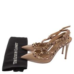 Pre Owned Valentino Beige Patent Leather Rockstud Ankle Strap Sandals Size 38