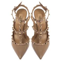 Pre Owned Valentino Beige Patent Leather Rockstud Ankle Strap Sandals Size 38