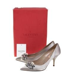 Valentino Grey Satin Crystal and Pearl Embellished Pointed Toe Pumps Size 37.5