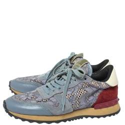 Pre Owned Valentino Tricolor Suede Leather And Lace Rockstud Low Top Sneakers Size 36