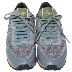 Pre Owned Valentino Tricolor Suede Leather And Lace Rockstud Low Top Sneakers Size 36