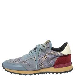Pre Owned Valentino Tricolor Suede Leather And Lace Rockstud Low Top Sneakers Size 36