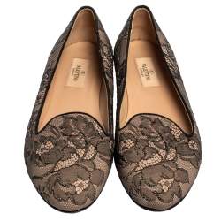 Pre Owned Valentino Black Glitter Lace Smoking Slippers Size 38.5