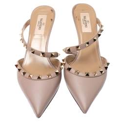 Valentino Beige Leather Rockstud Pointed Toe Mules Size 37