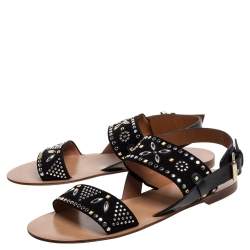 مملوكة مسبقًا Valentino Black Suede Embellished Teodora Ankle Strap Buckle Flats Size 39