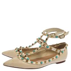 Pre Owned Valentino White Leather Rolling Rockstud Ankle Strap Ballet Flats Size 37