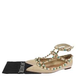 Pre Owned Valentino White Leather Rolling Rockstud Ankle Strap Ballet Flats Size 37