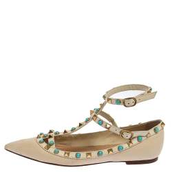 Pre Owned Valentino White Leather Rolling Rockstud Ankle Strap Ballet Flats Size 37