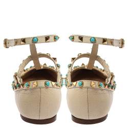 Pre Owned Valentino White Leather Rolling Rockstud Ankle Strap Ballet Flats Size 37