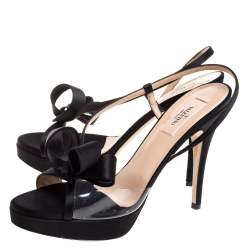 Valentino Black Satin And PVC Bow Open Toe Slingback Sandals Size 39.5