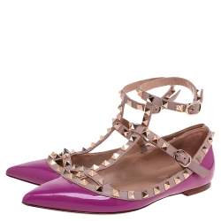 Pre Owned Valentino Pink Patent Leather Rockstud Ankle Strap Pointed Toe Flats Size 37