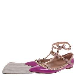 Pre Owned Valentino Pink Patent Leather Rockstud Ankle Strap Pointed Toe Flats Size 37