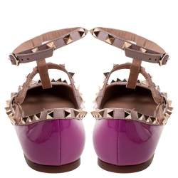 Pre Owned Valentino Pink Patent Leather Rockstud Ankle Strap Pointed Toe Flats Size 37