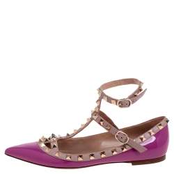 Pre Owned Valentino Pink Patent Leather Rockstud Ankle Strap Pointed Toe Flats Size 37