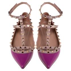 Pre Owned Valentino Pink Patent Leather Rockstud Ankle Strap Pointed Toe Flats Size 37