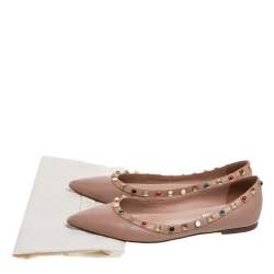 Pre Owned Valentino Beige Leather Rolling Rockstud Pointed Toe Ballet Flats Size 37.5