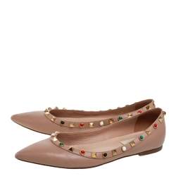 Pre Owned Valentino Beige Leather Rolling Rockstud Pointed Toe Ballet Flats Size 37.5
