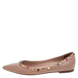 Pre Owned Valentino Beige Leather Rolling Rockstud Pointed Toe Ballet Flats Size 37.5