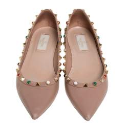 Pre Owned Valentino Beige Leather Rolling Rockstud Pointed Toe Ballet Flats Size 37.5