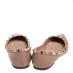 Pre Owned Valentino Beige Leather Rolling Rockstud Pointed Toe Ballet Flats Size 37.5