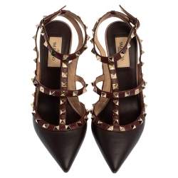 Pre Owned Valentino Burgundy Leather Rockstud Pointed Toe Ankle Strap Sandals Size 38