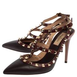 Pre Owned Valentino Burgundy Leather Rockstud Pointed Toe Ankle Strap Sandals Size 38