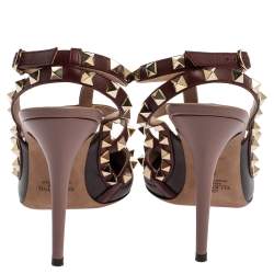 Pre Owned Valentino Burgundy Leather Rockstud Pointed Toe Ankle Strap Sandals Size 38