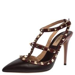 Pre Owned Valentino Burgundy Leather Rockstud Pointed Toe Ankle Strap Sandals Size 38