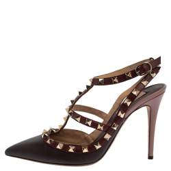 Pre Owned Valentino Burgundy Leather Rockstud Pointed Toe Ankle Strap Sandals Size 38
