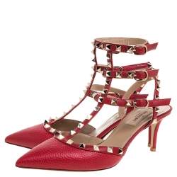 Pre Owned Valentino Red Leather Rockstud Ankle Strap Sandals Size 38