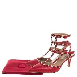 Pre Owned Valentino Red Leather Rockstud Ankle Strap Sandals Size 38