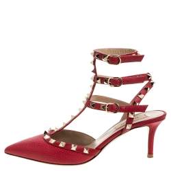 Pre Owned Valentino Red Leather Rockstud Ankle Strap Sandals Size 38