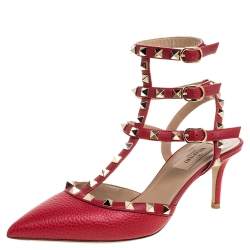 Pre Owned Valentino Red Leather Rockstud Ankle Strap Sandals Size 38