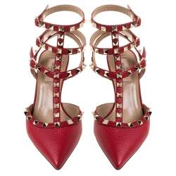 Pre Owned Valentino Red Leather Rockstud Ankle Strap Sandals Size 38