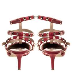 Pre Owned Valentino Red Leather Rockstud Ankle Strap Sandals Size 38
