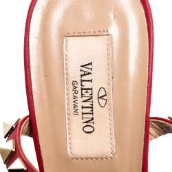 Pre Owned Valentino Red Leather Rockstud Ankle Strap Sandals Size 38